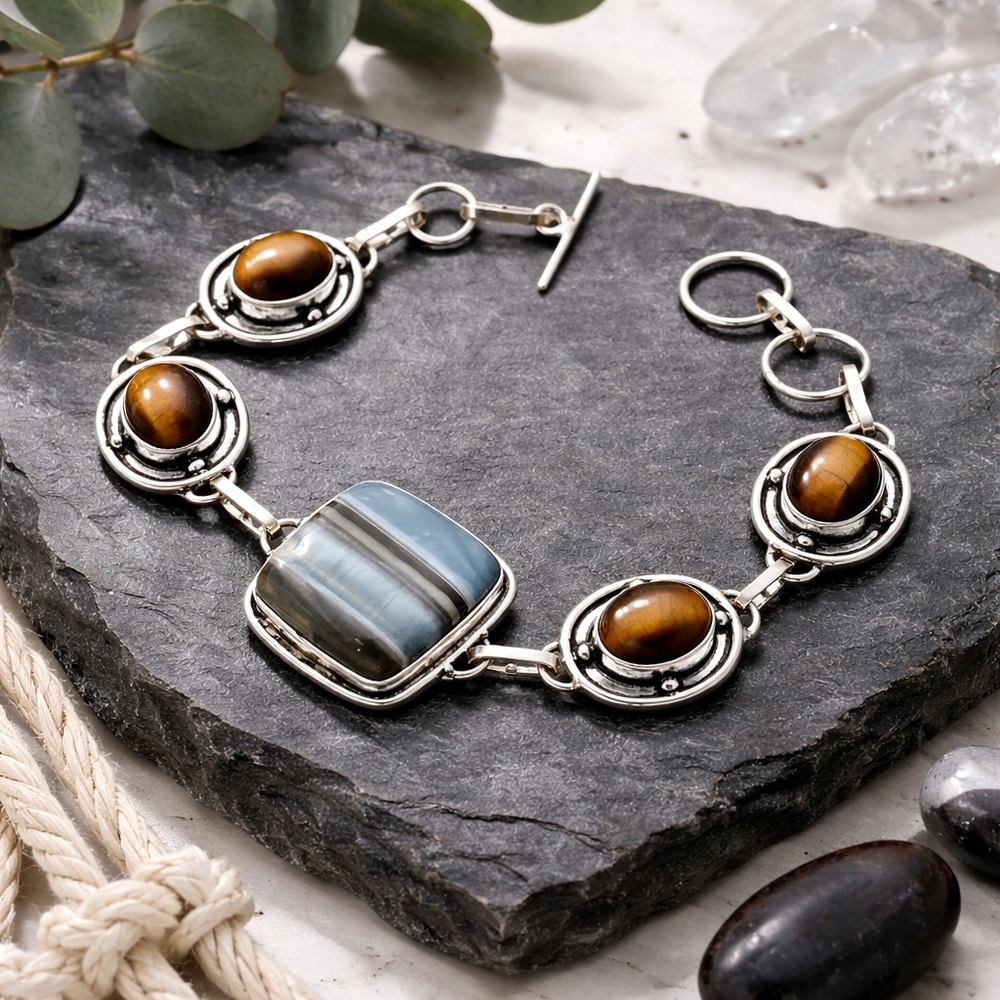 925 Silver Handcrafted Botswana Agate Tigers Eye Gemstone Toggle Boho Bracelet - Picture 6 of 13